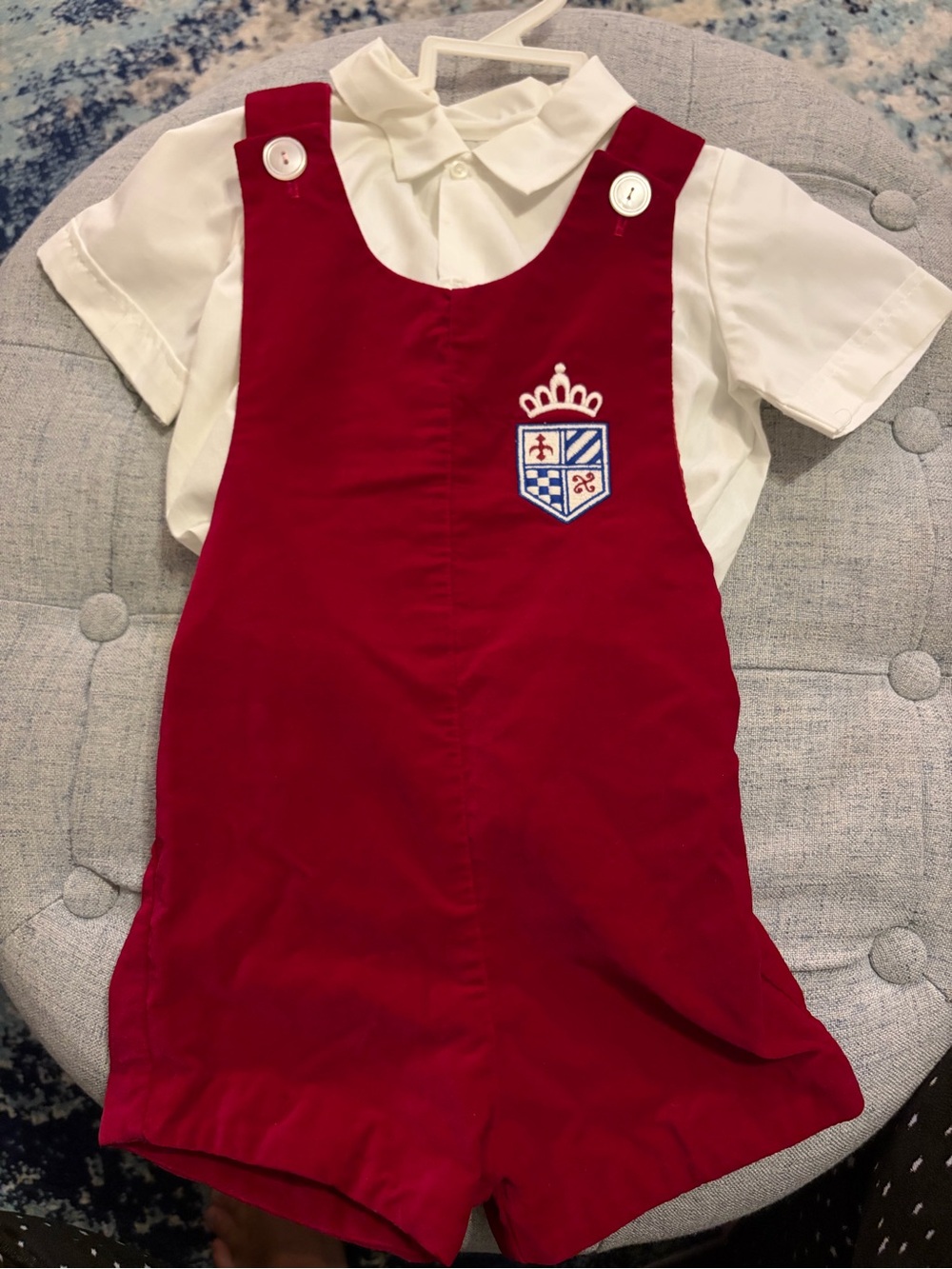 Vintage Red Embroidered Crest Romper with White Shirt